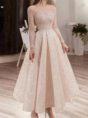 Fluide Robe Bal de Promo Paillettes Longue Col Rond Taille Haute